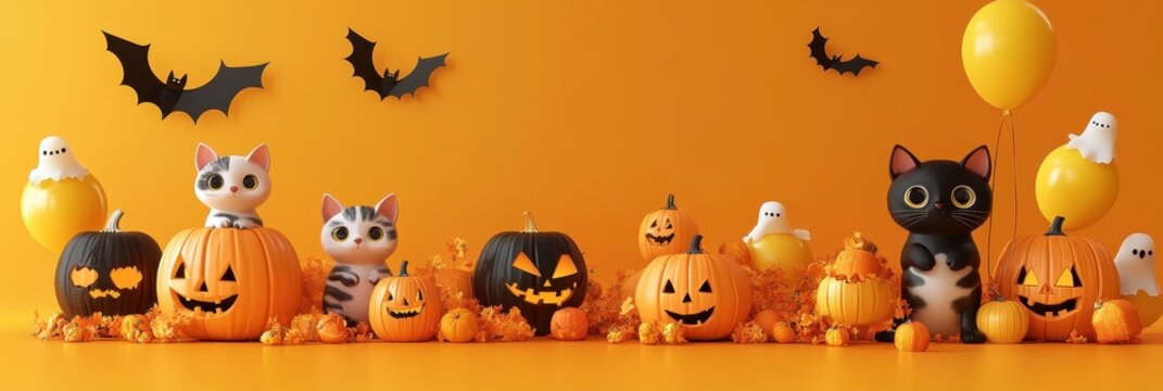 Halloween decorations, Jack-o'-lantern pumpkins, cute white ghost, black paper bats, candy corn, orange background, festive autumn scene, spooky cute, miniature halloween display, carved pumpkins, hol