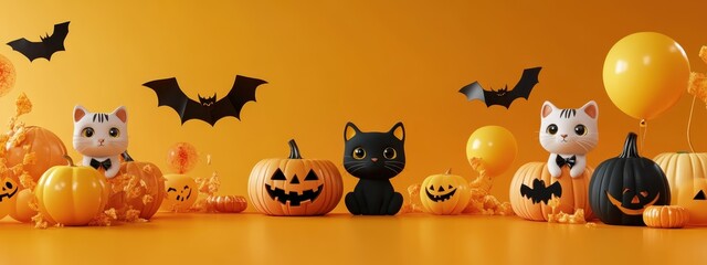 Halloween decorations, Jack-o'-lantern pumpkins, cute white ghost, black paper bats, candy corn, orange background, festive autumn scene, spooky cute, miniature halloween display, carved pumpkins, hol