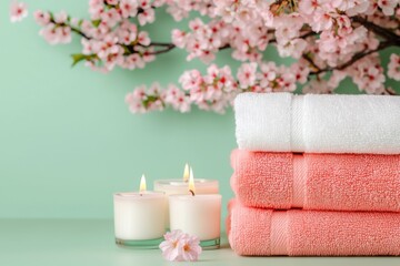 Elegant Spa Arrangement with Candles, Towels, and Cherry Blossoms