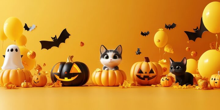 Halloween decorations, Jack-o'-lantern pumpkins, cute white ghost, black paper bats, candy corn, orange background, festive autumn scene, spooky cute, miniature halloween display, carved pumpkins, hol