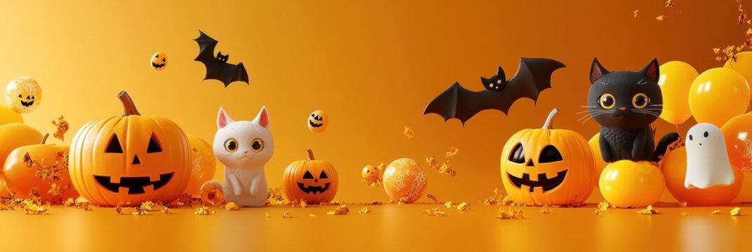 Halloween decorations, Jack-o'-lantern pumpkins, cute white ghost, black paper bats, candy corn, orange background, festive autumn scene, spooky cute, miniature halloween display, carved pumpkins, hol