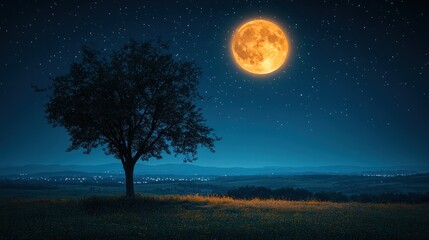 Solitary tree silhouetted against a large, orange harvest moon and starry night sky over a distant town.