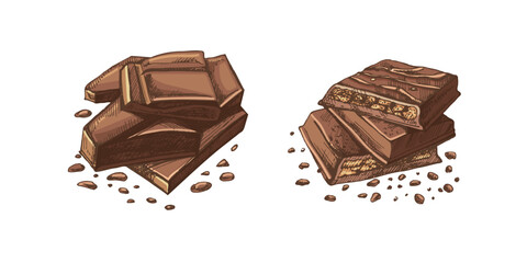 Vintage hand-drawn chocolate bar and stacked pieces colored illustration