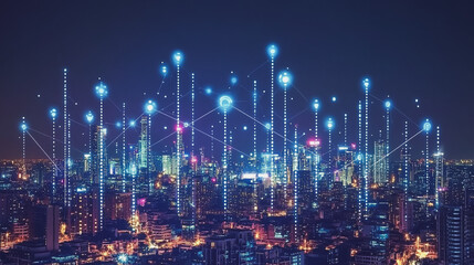 Fototapeta premium Smart digital Innovation city with connection network reciprocity over the cityscape. of future smart wireless city and social media networking systems that connects business people with in city