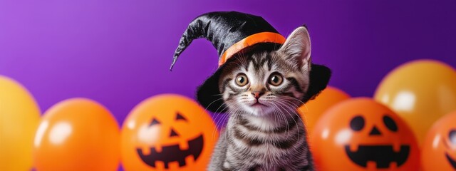Obraz premium Halloween cat, tabby kitten, witch hat, orange balloons, jack-o-lantern pumpkins, purple background, festive scene, holiday decor, whimsical, cute, spooky, seasonal, studio photography, high detail, v