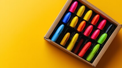 Colorful markers in a cardboard box on yellow background.