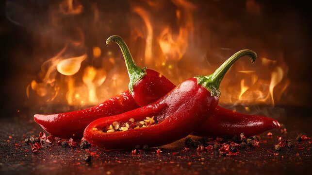 Spicy red chili peppers on fire background.