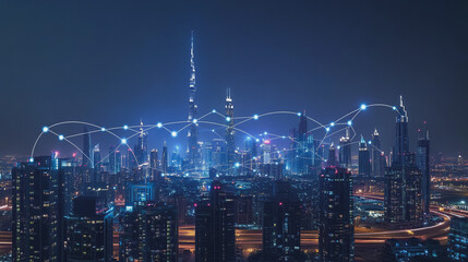 Obraz premium Smart digital Innovation city with connection network reciprocity over the cityscape. of future smart wireless city and social media networking systems that connects business people with in city