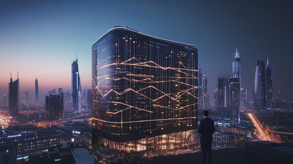 Smart digital Innovation city with connection network reciprocity over the cityscape. of future smart wireless city and social media networking systems that connects business people with in city