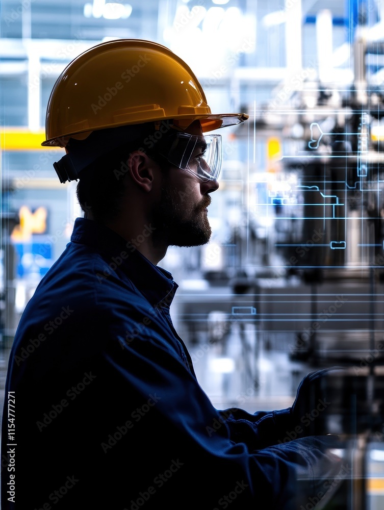 Poster industrial worker analyzing data manufacturing facility digital interface high-tech environment prof