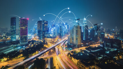 Fototapeta premium Smart digital Innovation city with connection network reciprocity over the cityscape. of future smart wireless city and social media networking systems that connects business people with in city