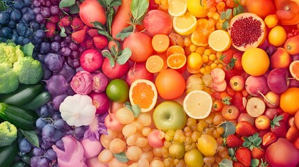 Assortment of fresh organic fruits and vegetables in rainbow colors 