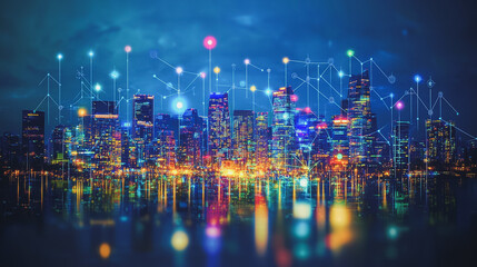 Obraz premium Smart digital Innovation city with connection network reciprocity over the cityscape. of future smart wireless city and social media networking systems that connects business people with in city