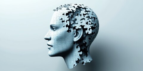 Obraz premium Surreal profile portrait, human head made of intricate puzzle pieces, monochromatic blue tones, fragmenting mind concept, digital art, hyperrealistic render, thought visualization, cognitive psycholog