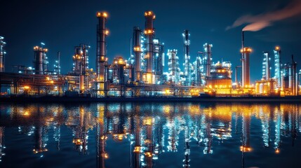 A stock cracker plant surrounded by a futuristic cityscape, neon lights reflecting on steel surfaces, 