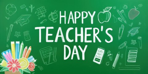 Green chalkboard background, White chalk drawings, Happy Teacher's Day text, Light bulb with rays, School supplies icons, Doodle style illustrations, Education symbols, Classroom elements, Celebratory