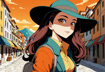 田舎町の通りに立つ冒険家の女性,AI画像,Generative AI