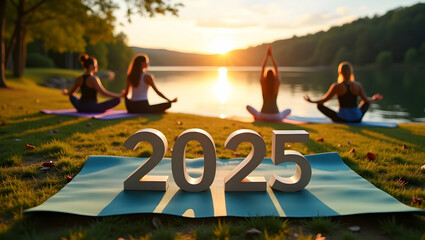 Women practicing yoga at sunset, welcoming 2025