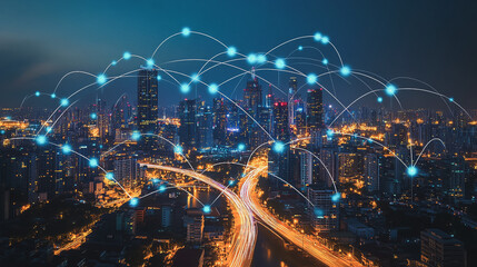 Obraz premium Smart digital Innovation city with connection network reciprocity over the cityscape. of future smart wireless city and social media networking systems that connects business people with in city