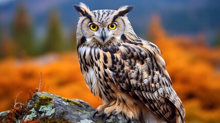 Fototapeta premium Captivating Image of a Majestic Eagle Owl Perched on a Rugged Rock Formation Its Piercing Orange Eyes Commanding Attention