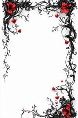 Elegant ornate border design featuring intricate floral patterns and red heart motifs, ideal for wedding invitations, Valentine's Day cards, or formal announcements.