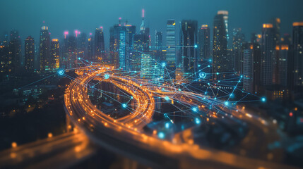 Fototapeta premium Smart digital Innovation city with connection network reciprocity over the cityscape. of future smart wireless city and social media networking systems that connects business people with in city
