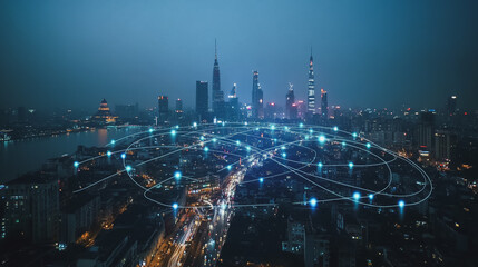 Naklejka premium Smart digital Innovation city with connection network reciprocity over the cityscape. of future smart wireless city and social media networking systems that connects business people with in city