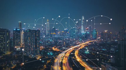 Obraz premium Smart digital Innovation city with connection network reciprocity over the cityscape. of future smart wireless city and social media networking systems that connects business people with in city