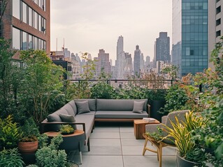 Fototapeta premium A serene rooftop terrace with greenery and city skyline views, ideal for relaxation.