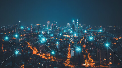 Fototapeta premium Smart digital Innovation city with connection network reciprocity over the cityscape. of future smart wireless city and social media networking systems that connects business people with in city