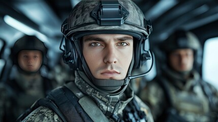 Close-up Portrait of a Determined Soldier in Combat Gear