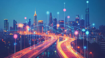 Fototapeta premium Smart digital Innovation city with connection network reciprocity over the cityscape. of future smart wireless city and social media networking systems that connects business people with in city