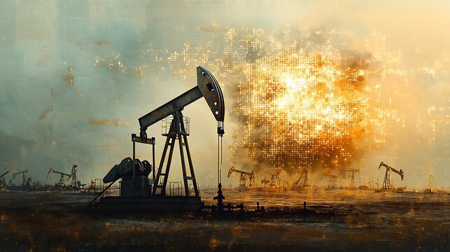  An industrial scene with an oil well in the foreground, against a cloudy sky. Superimposed on the scene is a holographic display showing financial data and graphs, appearing to overlay the real-world