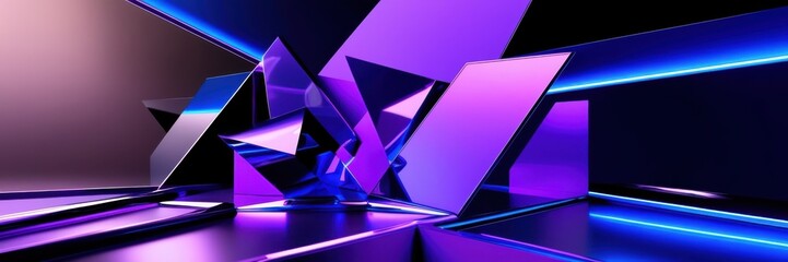 Neon geometric shapes, abstract triangles, vibrant blue and purple, futuristic landscape, glossy surfaces, sharp edges, 3D render, synthwave aesthetics, dynamic composition, high contrast, ultraviolet