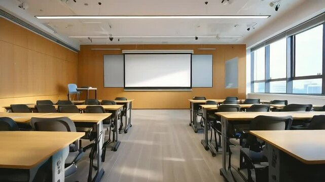Empty modern classroom with desks, chairs, projector screen, and large windows.