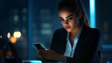 Focused businesswoman at desk using smartphone in modern office environment