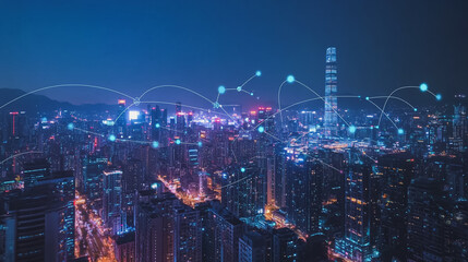 Fototapeta premium Smart digital Innovation city with connection network reciprocity over the cityscape. of future smart wireless city and social media networking systems that connects business people with in city