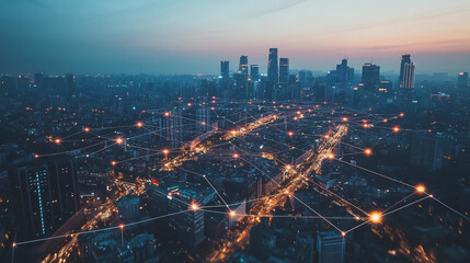Fototapeta premium Smart digital Innovation city with connection network reciprocity over the cityscape. of future smart wireless city and social media networking systems that connects business people with in city