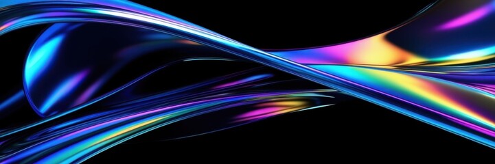 Naklejka premium Abstract light trails, vibrant neon colors, glossy curved surfaces, dynamic motion blur, futuristic technology aesthetic, sleek metallic reflections, high contrast, black background, ultrawide panoram