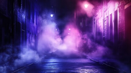 Dark Night Street Scene with Neon Lights and Smoke Effects