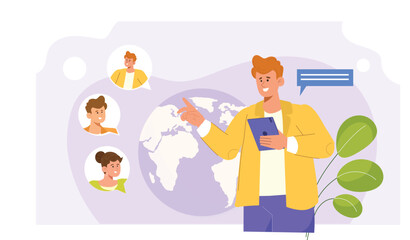 Multiple avatars working together virtually, sharing documents, and brainstorming ideas on digital platforms with a tech-forward aesthetic.