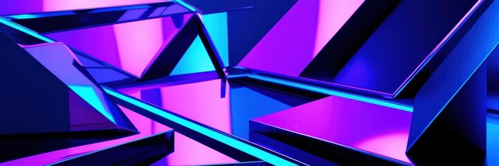 Neon geometric shapes, abstract triangles, vibrant blue and purple, futuristic landscape, glossy surfaces, sharp edges, 3D render, synthwave aesthetics, dynamic composition, high contrast, ultraviolet