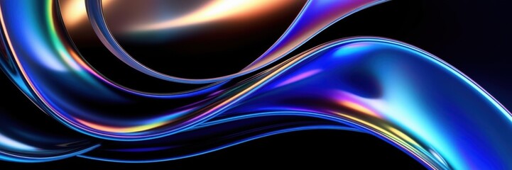 Fototapeta premium Abstract light trails, vibrant neon colors, glossy curved surfaces, dynamic motion blur, futuristic technology aesthetic, sleek metallic reflections, high contrast, black background, ultrawide panoram