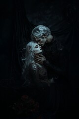 Dark romantic embrace between two ethereal figures in a gothic setting