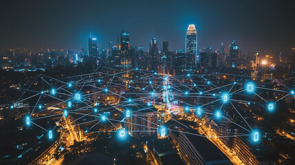 Obraz premium Smart digital Innovation city with connection network reciprocity over the cityscape. of future smart wireless city and social media networking systems that connects business people with in city