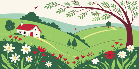 Fototapeta premium Abstract Landscape with Bold Geometric Shapes in Vector Art