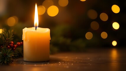 Burning candle in dark decorated room