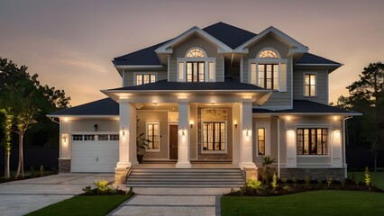 Modern colonial-style house with a broad porch, tall white columns, 