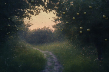 Fototapeta premium Orchard at Twilight in Summer with Buzzing Bees and Fresh Fruits