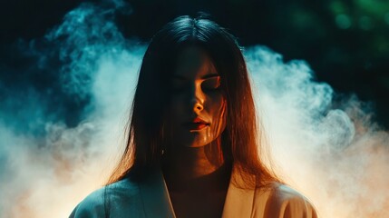 Fototapeta premium Enigmatic Woman in Smoke, Mystical Portrait